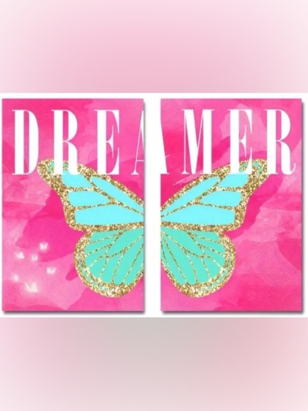 Colorful 2 Piece Pink Teal Glitter Butterfly 'Dreamer' Tween Teen Canvas Prints
